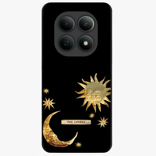 Golden Celestial Charm Glass Case showing flat back view with golden celestial charm artwork and glossy glass finish.
