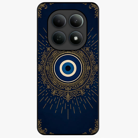 Golden Evil Eye Mandala Glass Case showing flat back view with intricate evil eye mandala artwork and glossy glass finish.