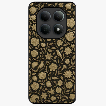 Golden Floral Majesty Glass Case showing flat back view with luxurious golden floral artwork and glossy glass finish.