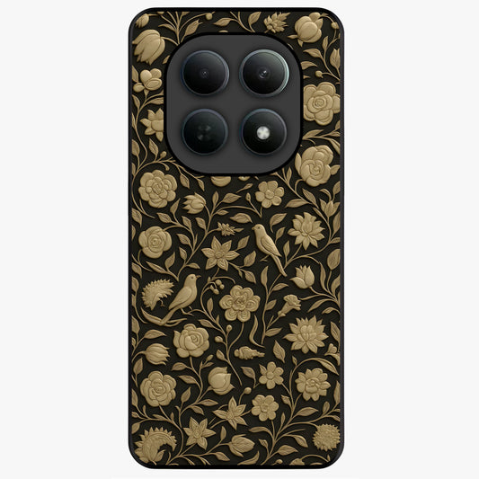 Golden Floral Majesty Glass Case showing flat back view with luxurious golden floral artwork and glossy glass finish.