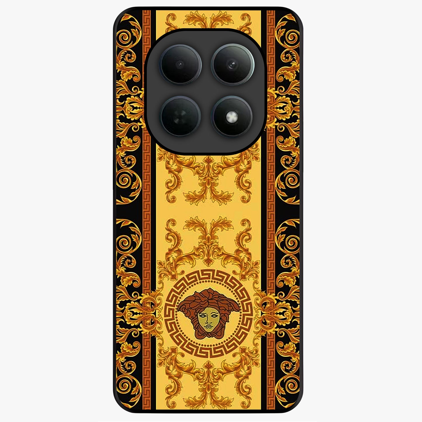 Golden Royal Heritage Glass Case showing flat back view with ornate royal pattern artwork and glossy glass finish.