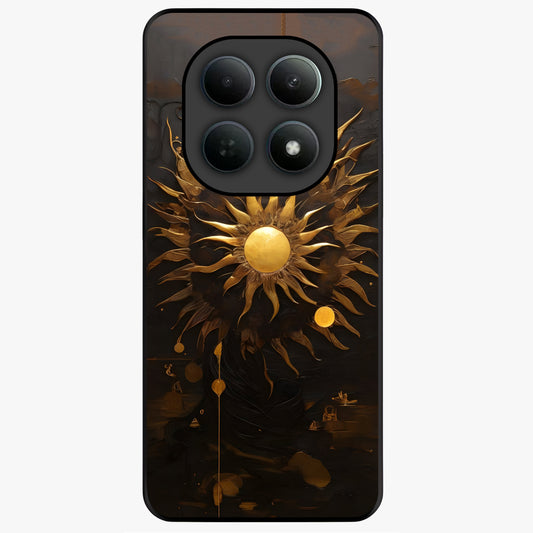 Golden Sun Majesty Glass Case showing flat back view with radiant golden sun artwork and glossy glass finish.