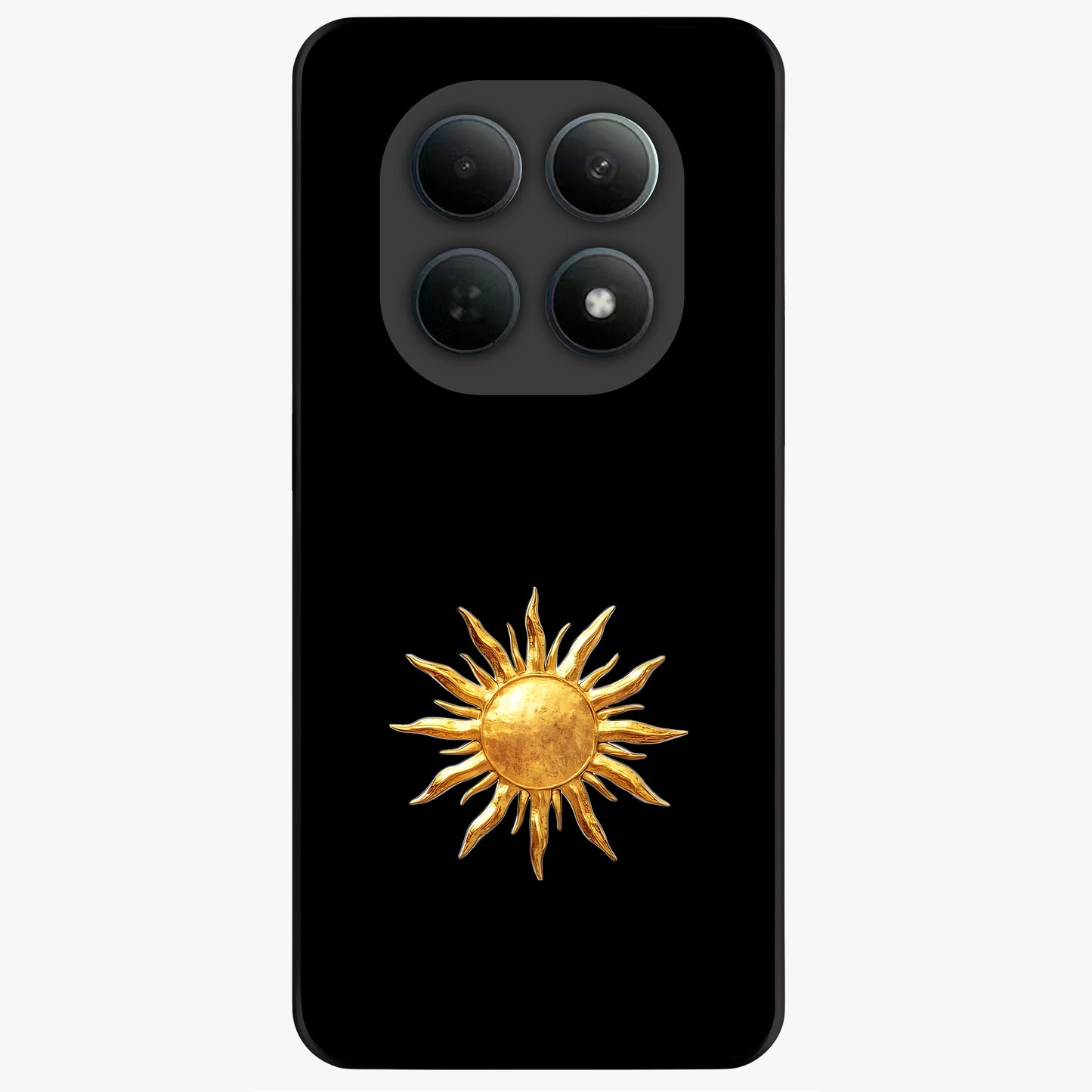 Golden Sun Minimalism Glass Case showing flat back view with minimal golden sun artwork and glossy glass finish.