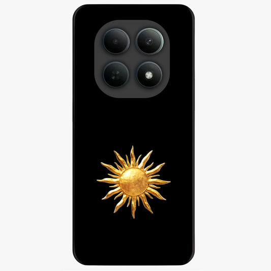 Golden Sun Minimalism Glass Case showing flat back view with minimal golden sun artwork and glossy glass finish.