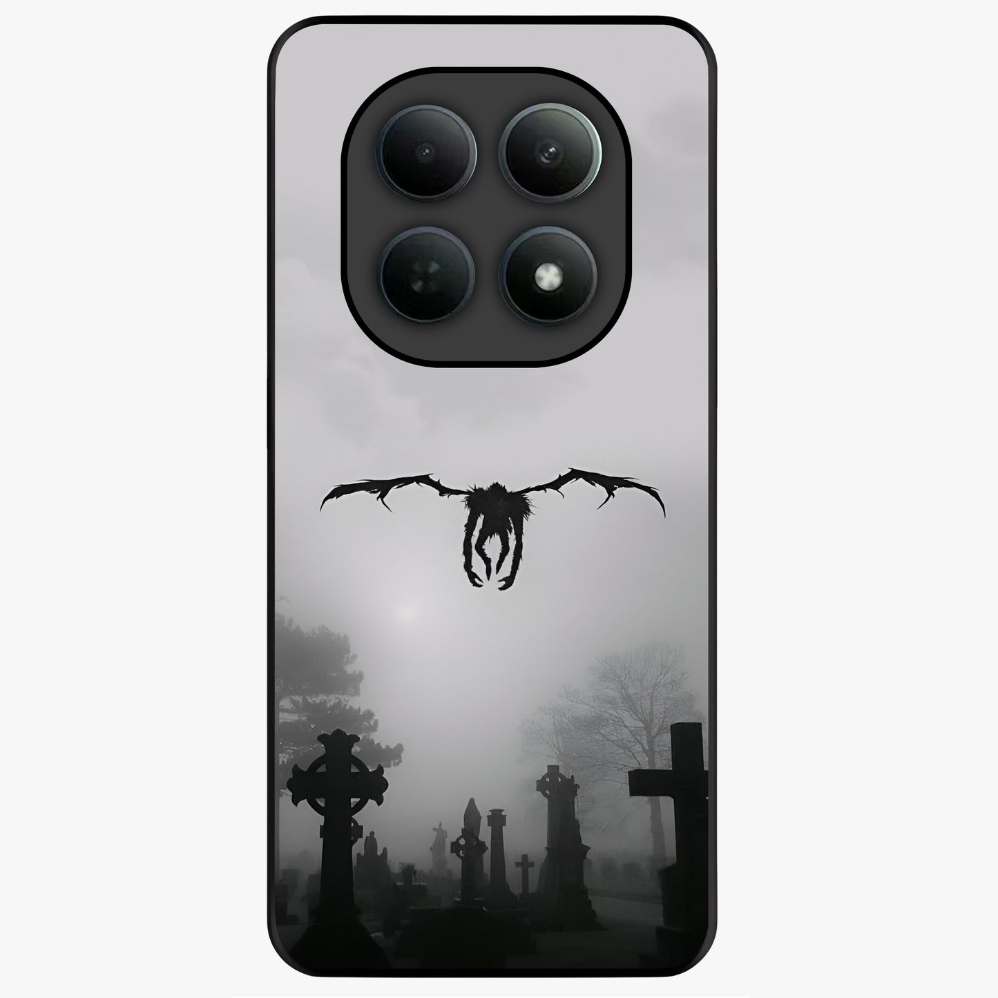 Graveyard Shadow Descent Glass Case showing flat back view with dark graveyard themed artwork and glossy glass finish.