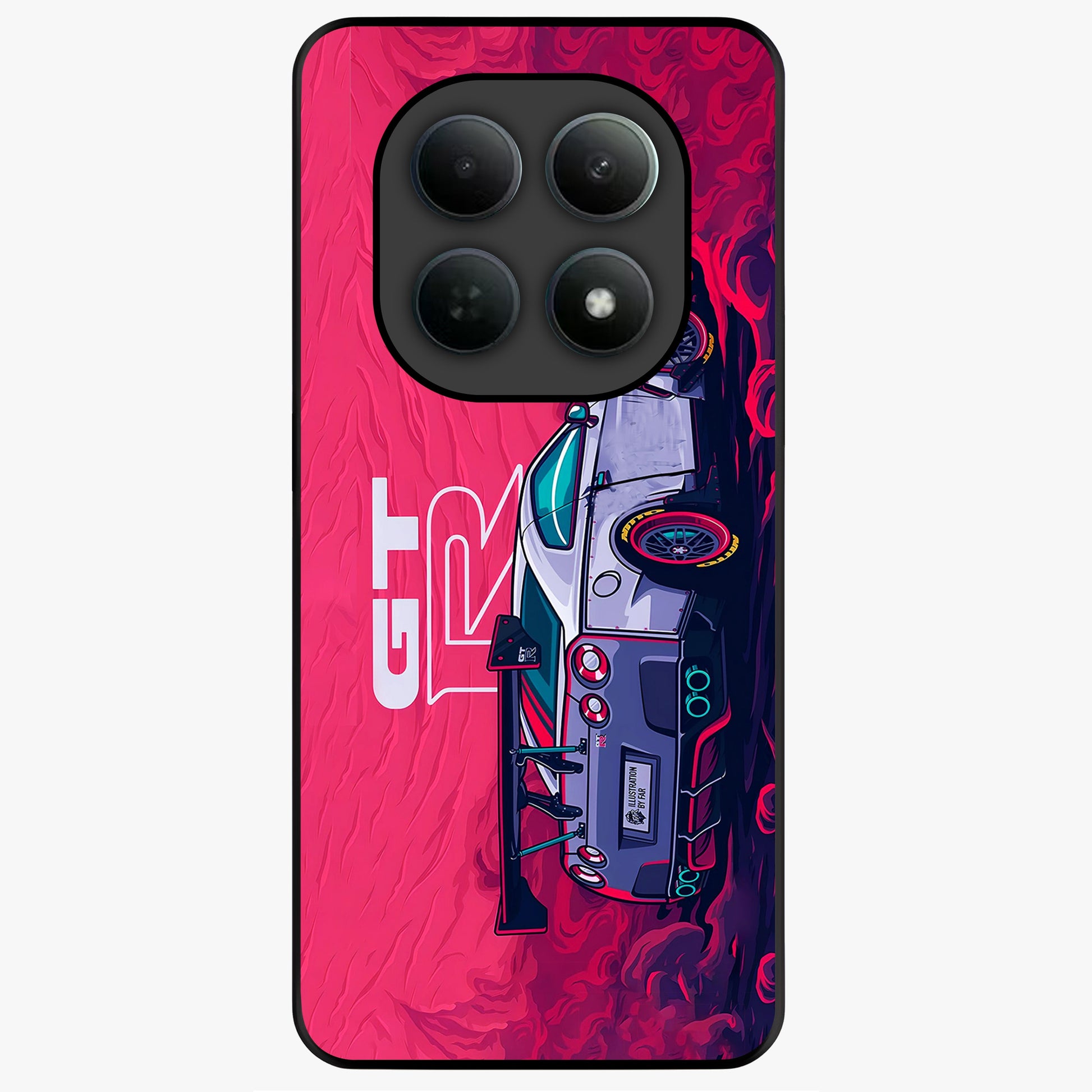 GT-R Car Pattern Glass Case showing flat back view with sporty car inspired pattern artwork and glossy glass finish.