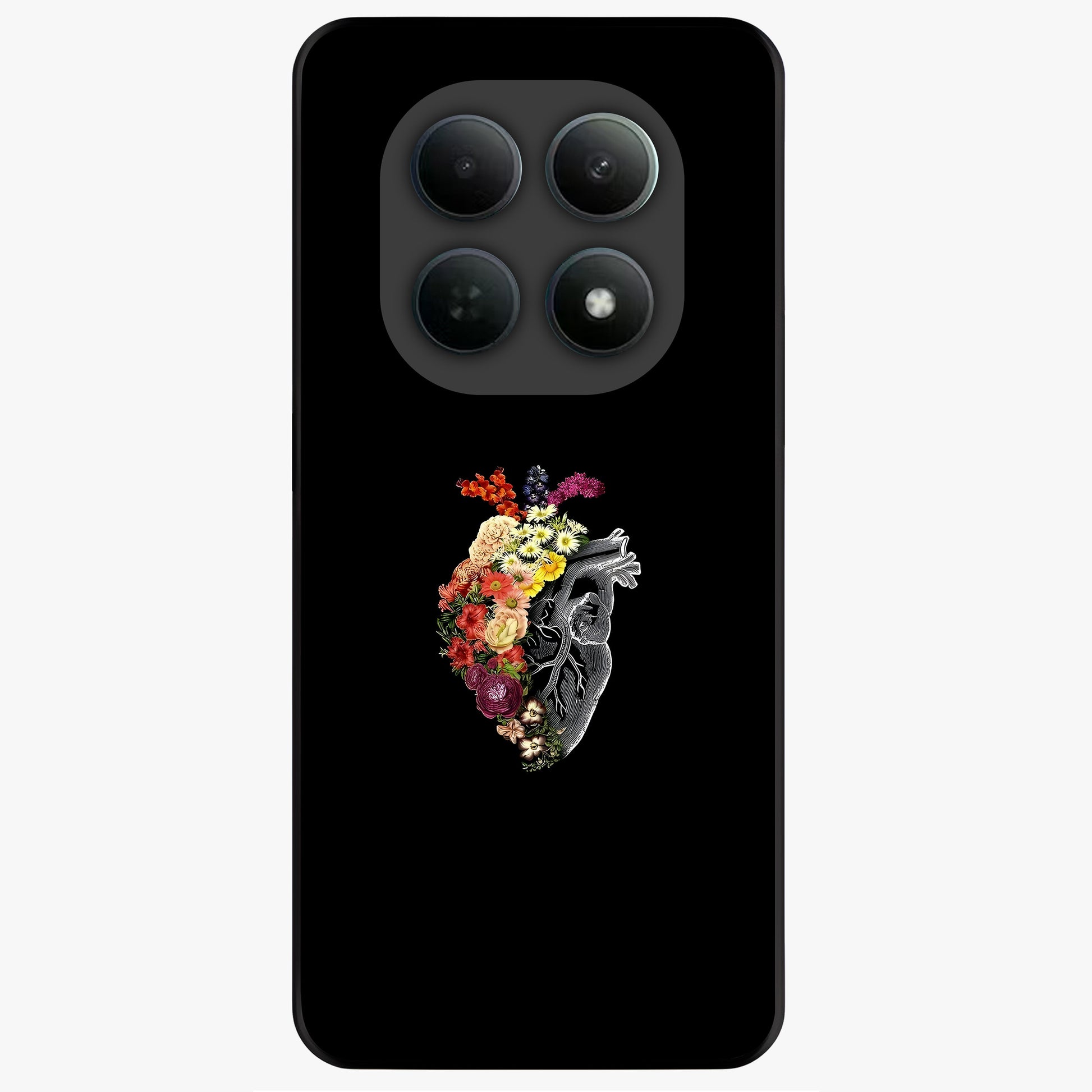 Heart With Flowers Glass Case showing flat back view with heart shaped floral artwork and glossy glass finish.