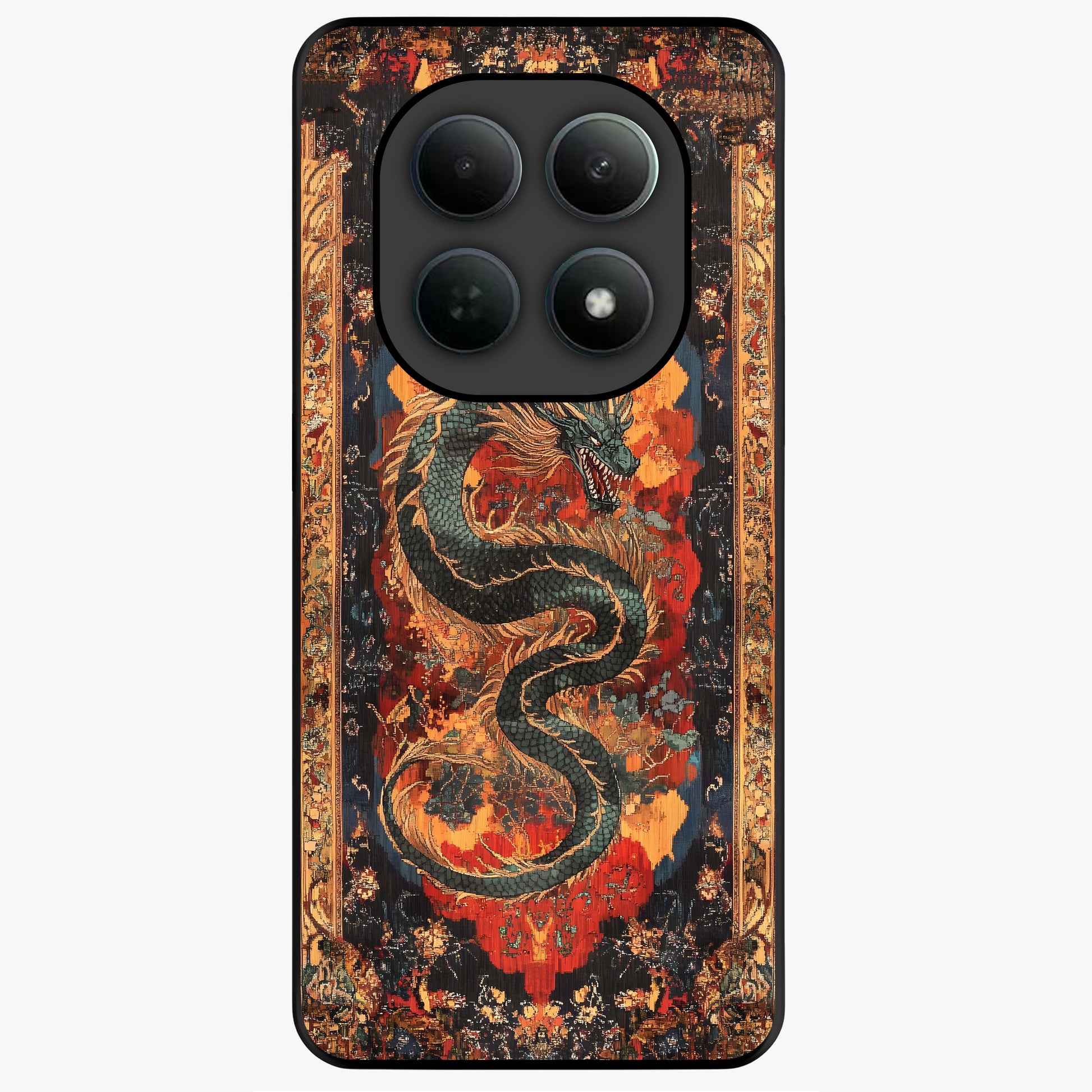 Inferno Dragon Soul Glass Case showing flat back view with fiery dragon artwork and glossy glass finish.