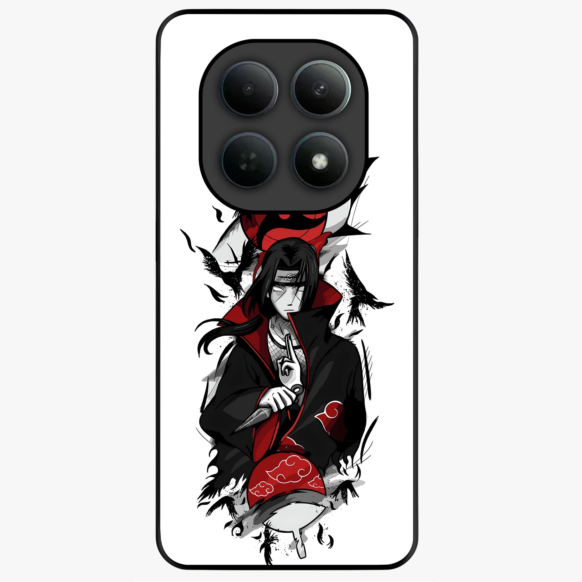 Itachi Sharingan Glass Case showing flat back view with powerful anime eye artwork and glossy glass finish.