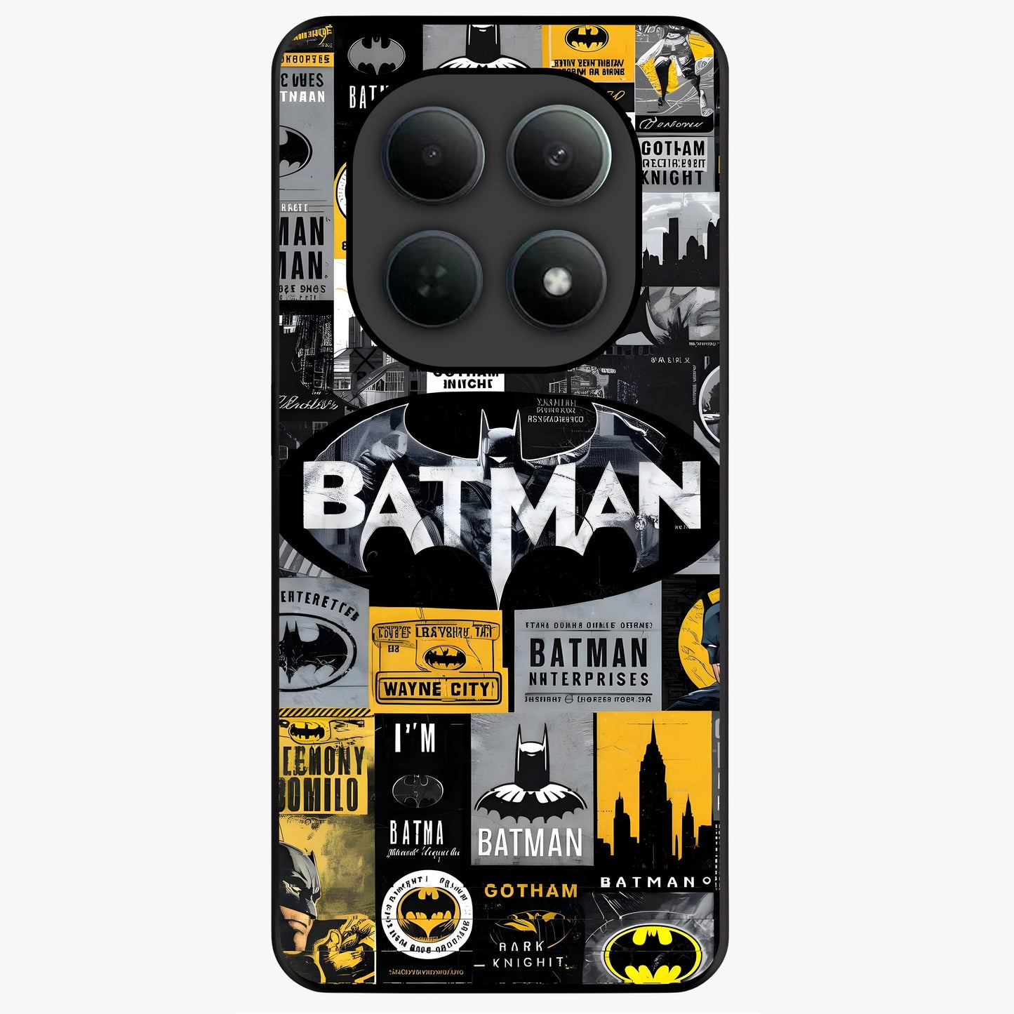 Knight Gotham Rise Glass Case showing flat back view with dark hero inspired artwork and glossy glass finish.