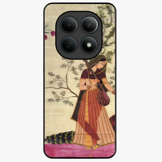 Lady With Veena Art Glass Case showing flat back view with elegant woman playing veena artwork and glossy glass finish.