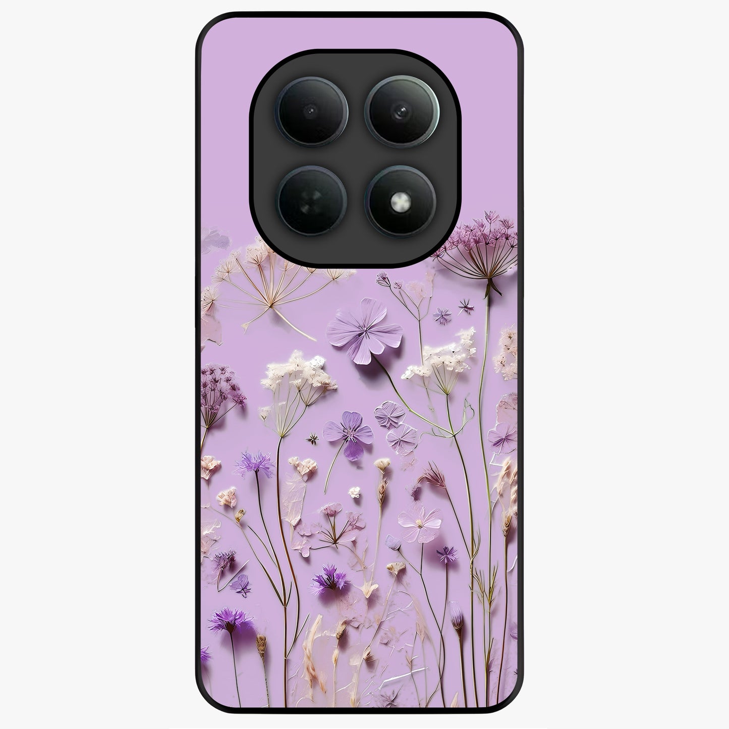 Lavender Blossom Dream Glass Case showing flat back view with soft lavender floral artwork and glossy glass finish.
