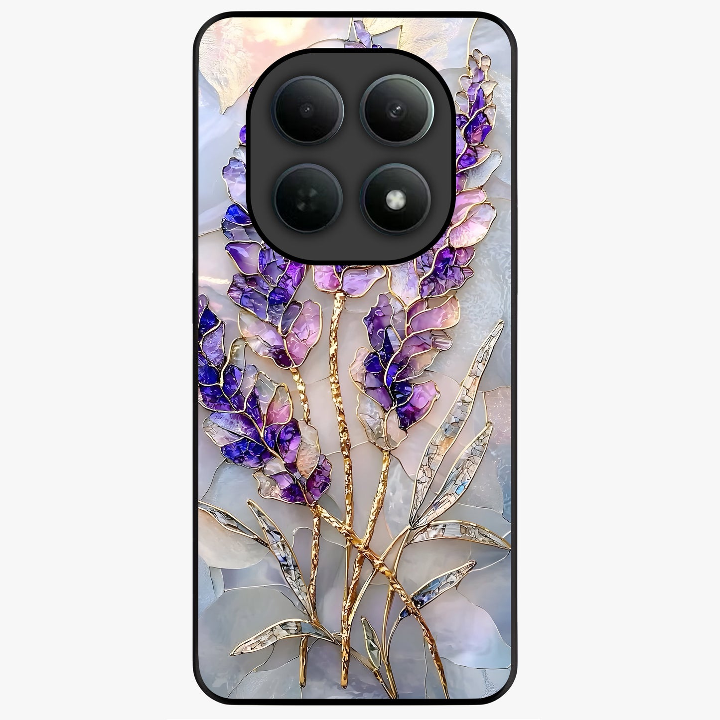 Lavender Dream Glow Glass Case showing flat back view with glowing lavender aesthetic artwork and glossy glass finish.