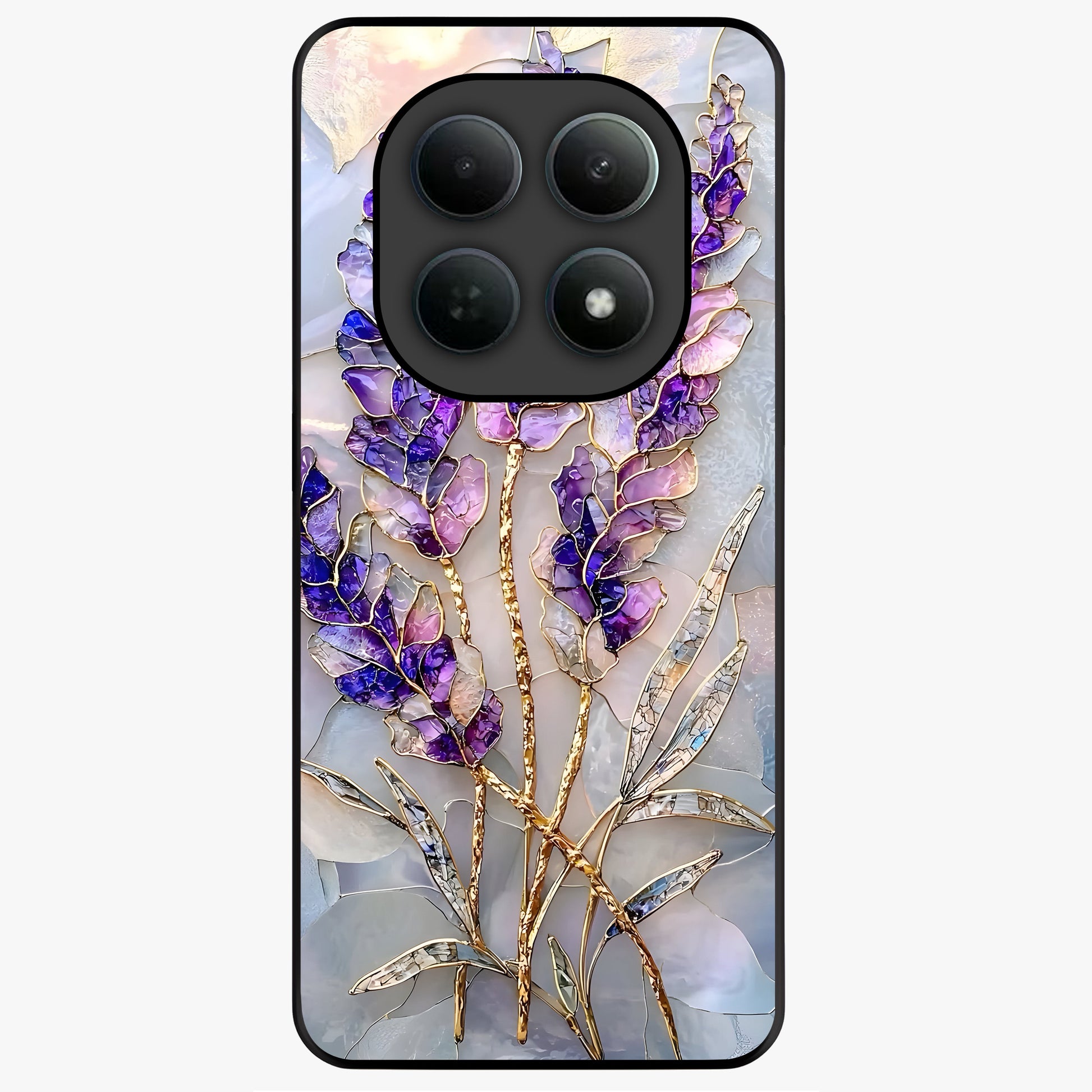 Lavender Dream Glow Glass Case showing flat back view with glowing lavender aesthetic artwork and glossy glass finish.