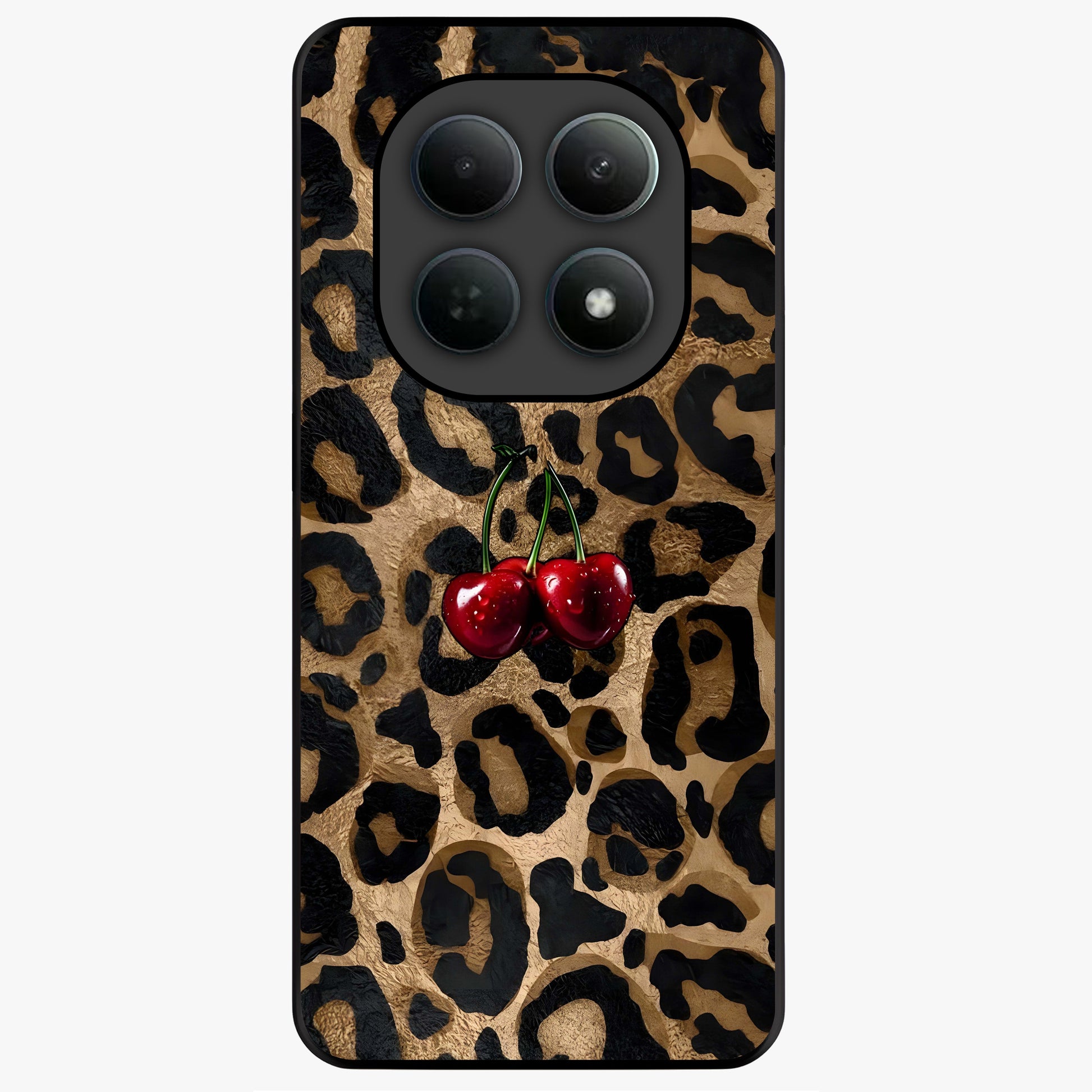 Leopard Wild Cherry Glass Case showing flat back view with leopard pattern and cherry artwork and glossy glass finish.