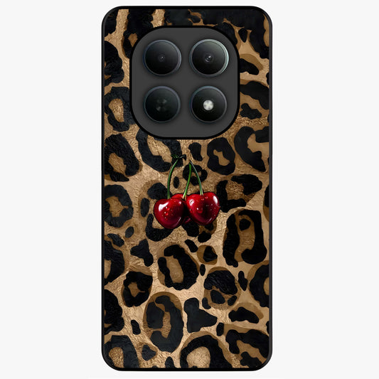 Leopard Wild Cherry Glass Case showing flat back view with leopard pattern and cherry artwork and glossy glass finish.