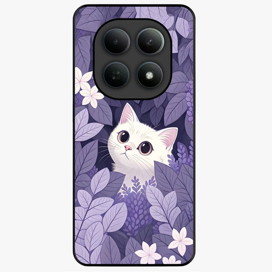 Lilac Hide Peek Cat Glass Case showing flat back view with cute peeking cat artwork and glossy glass finish.