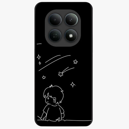 Line Art Boy With Shooting Stars Glass Case showing flat back view with minimal line art boy and shooting stars illustration and glossy glass finish.