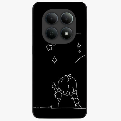 Line Art Girl With Shooting Stars Glass Case showing flat back view with minimal line art girl and shooting stars illustration and glossy glass finish.