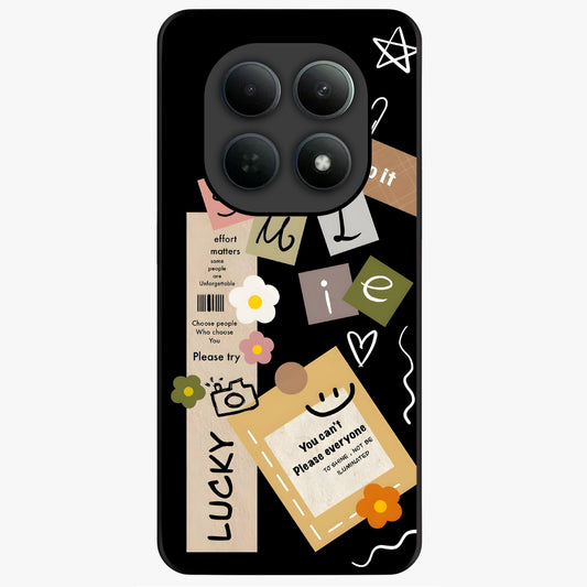 Lucky Aesthetic Collage Glass Case showing flat back view with trendy aesthetic collage artwork and glossy glass finish.