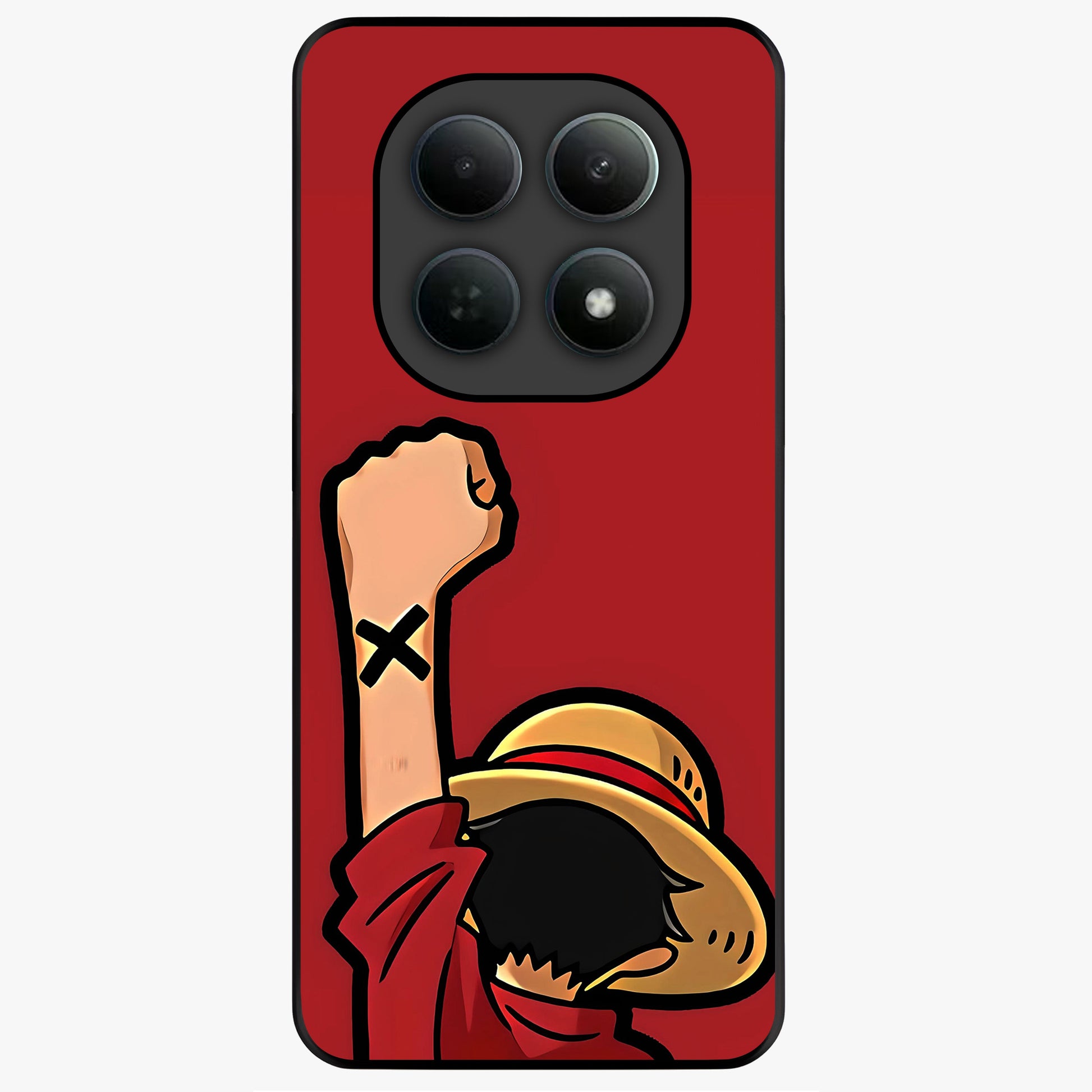 Luffy X Spirit Glass Case showing flat back view with bold anime character artwork and glossy glass finish.