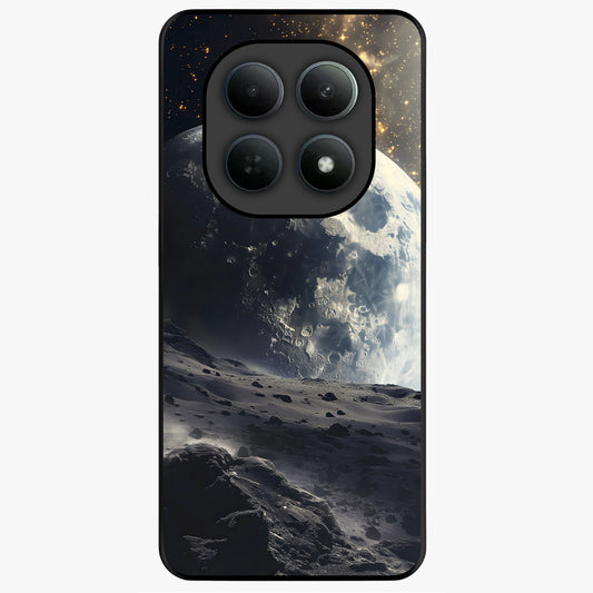 Lunar Horizon Glow Glass Case showing flat back view with glowing moon horizon artwork and glossy glass finish.
