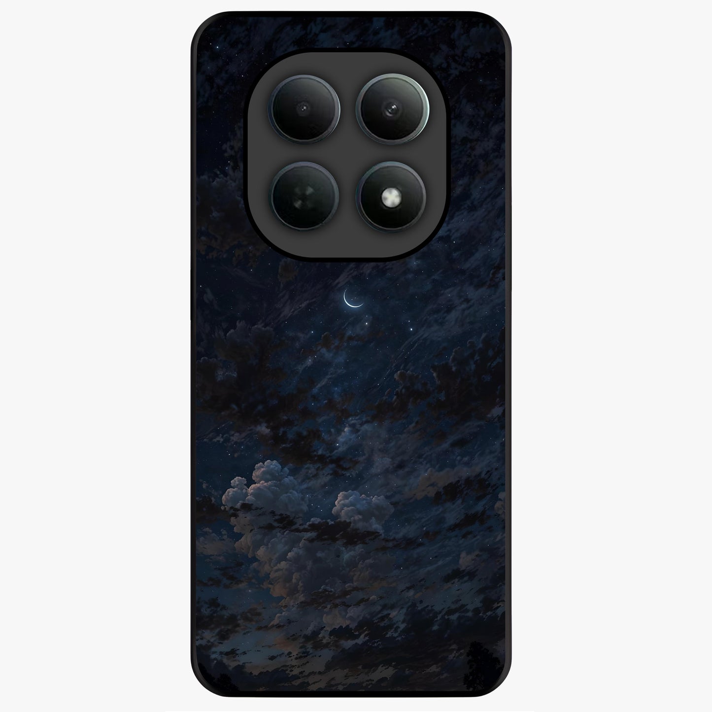Lunar Veil Silence Glass Case showing flat back view with mystical moon veil artwork and glossy glass finish.