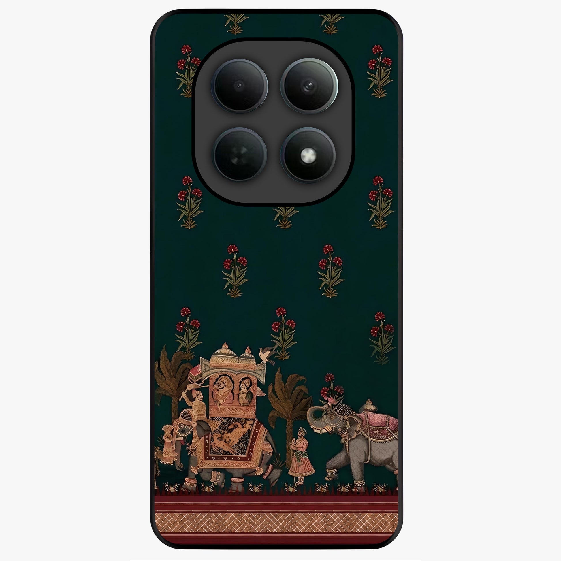 Macmerise Glass Case showing flat back view with stylish modern artwork and glossy glass finish.