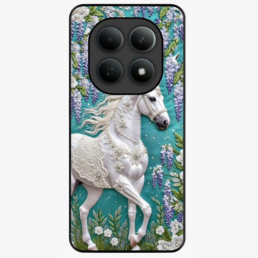 Majestic Floral Stallion Glass Case showing flat back view with powerful horse and floral artwork and glossy glass finish.