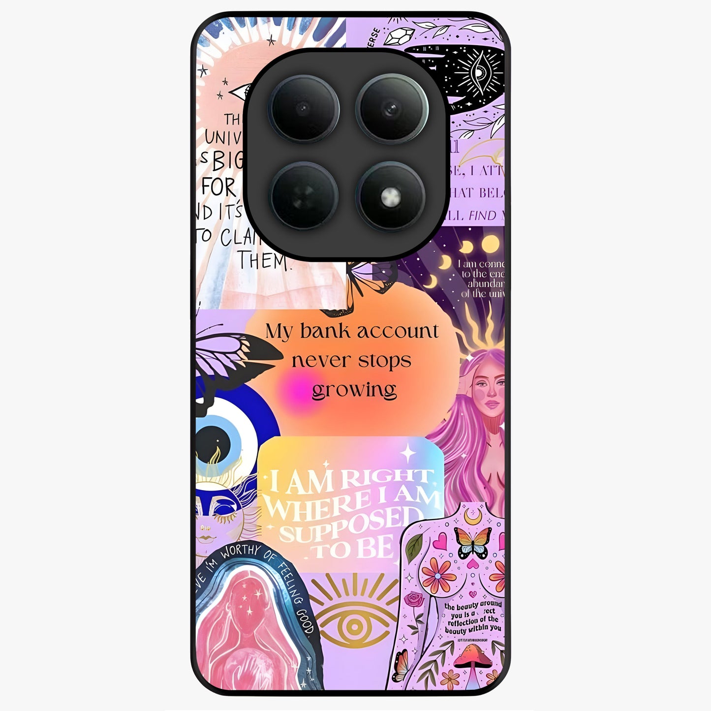 Manifestation Collage Glass Case showing flat back view with motivational collage artwork and glossy glass finish.