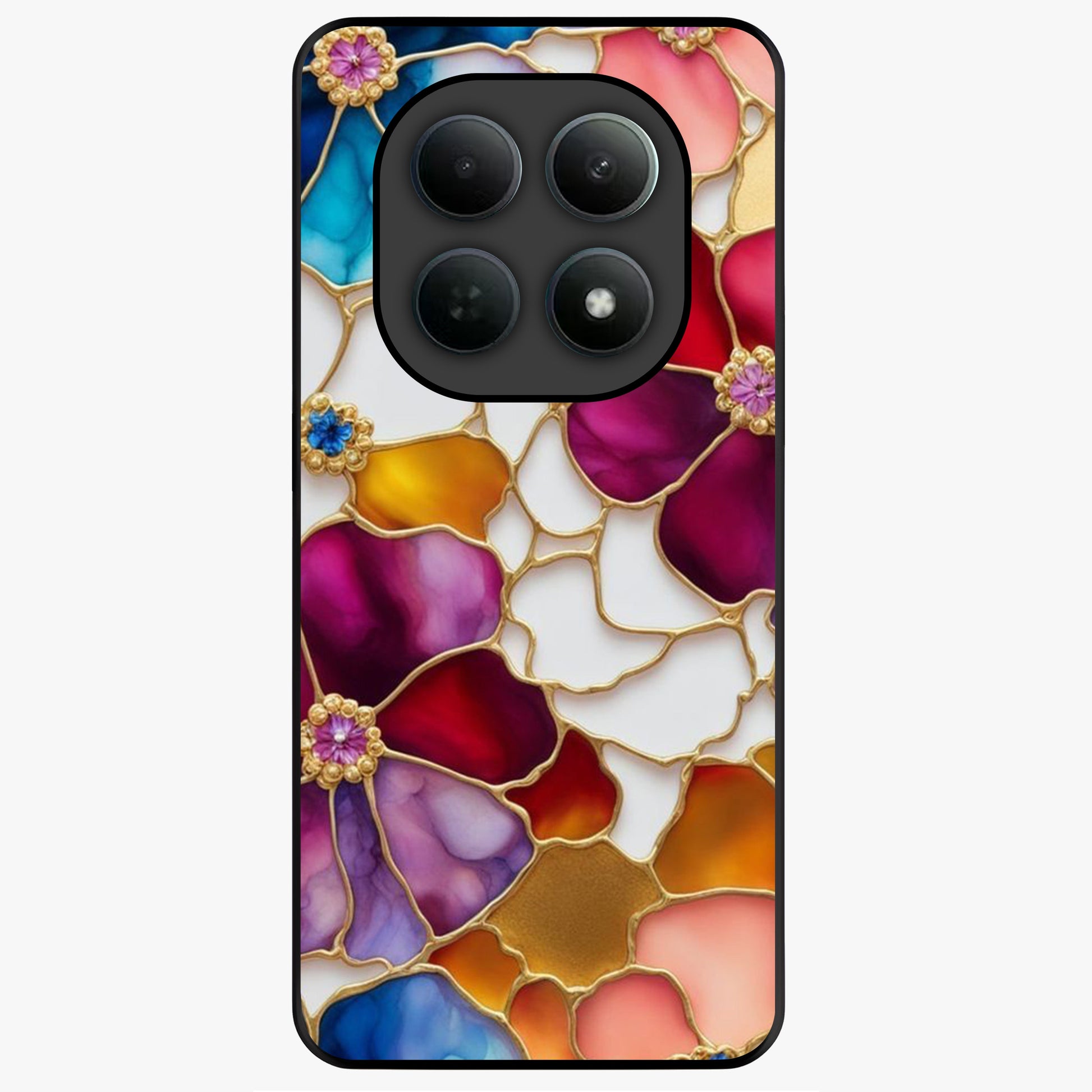 Marble Flower Pattern Glass Case showing flat back view with marble texture floral artwork and glossy glass finish.