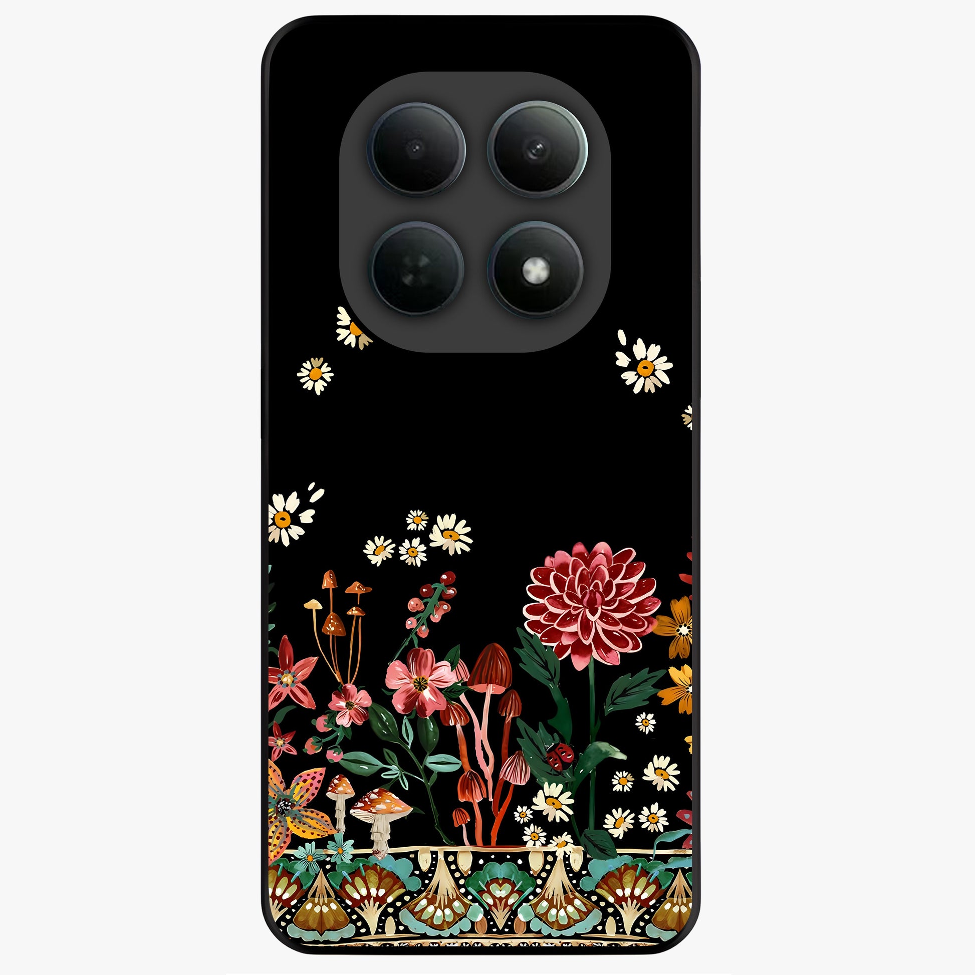 Midnight Bloom Pattern Glass Case showing flat back view with dark floral pattern artwork and glossy glass finish.