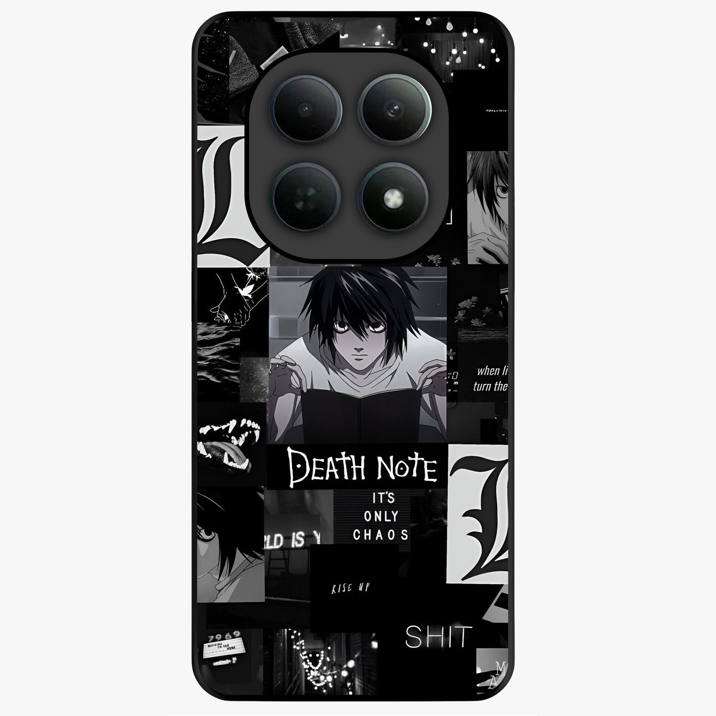 Midnight Chaos Mind Glass Case showing flat back view with abstract dark themed artwork and glossy glass finish.