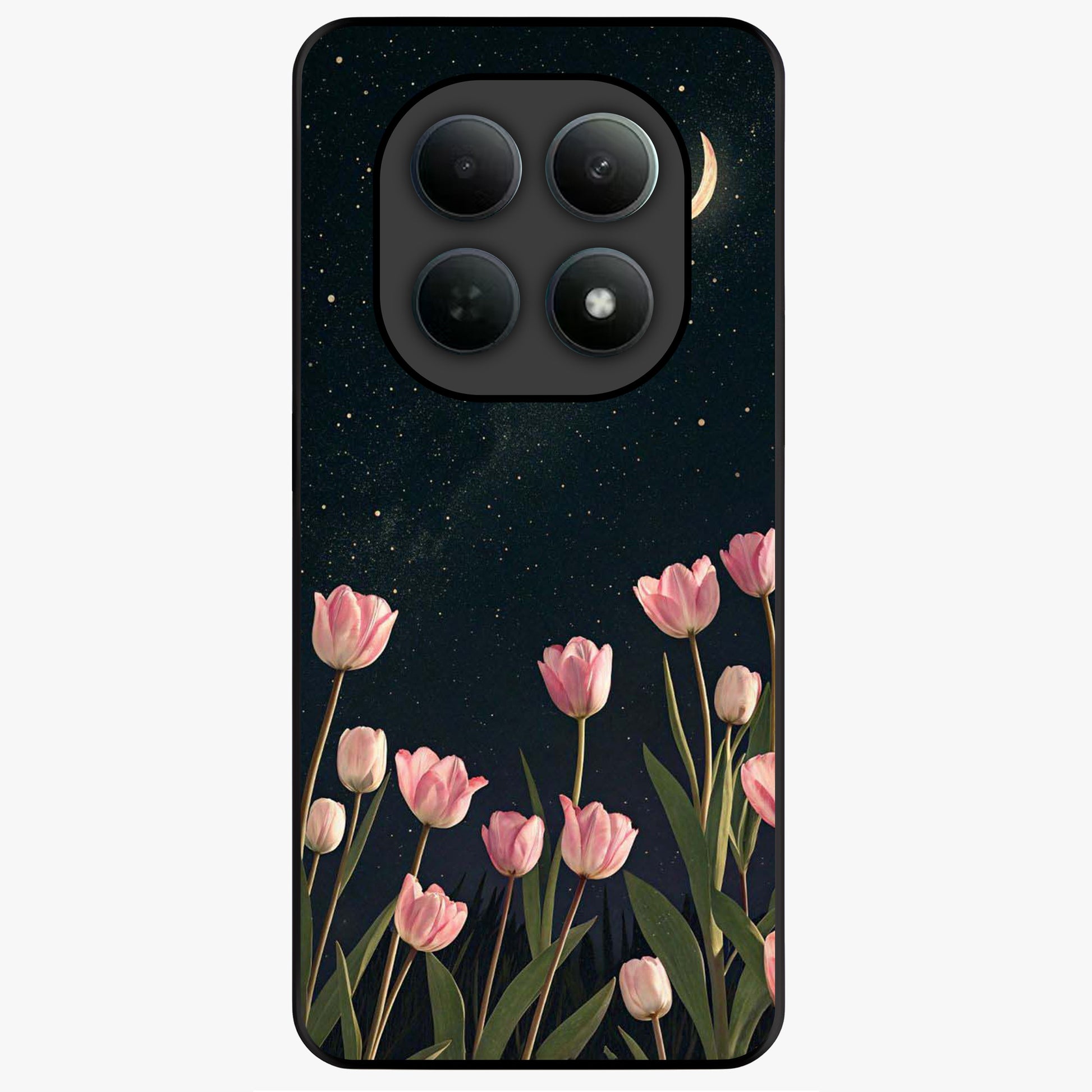 Midnight Tulip Whispers Vibe Glass Case showing flat back view with elegant tulip flower artwork and glossy glass finish.