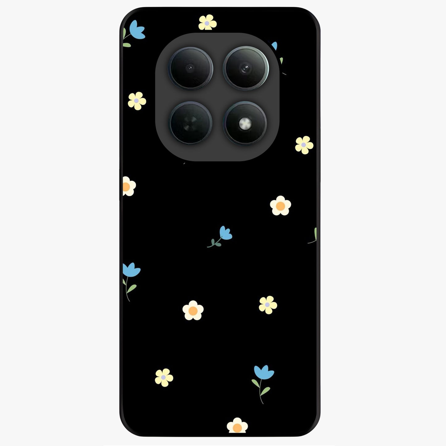 Minimalistic Blue With White Flower Pattern Glass Case showing flat back view with blue background and white flower pattern and glossy glass finish.