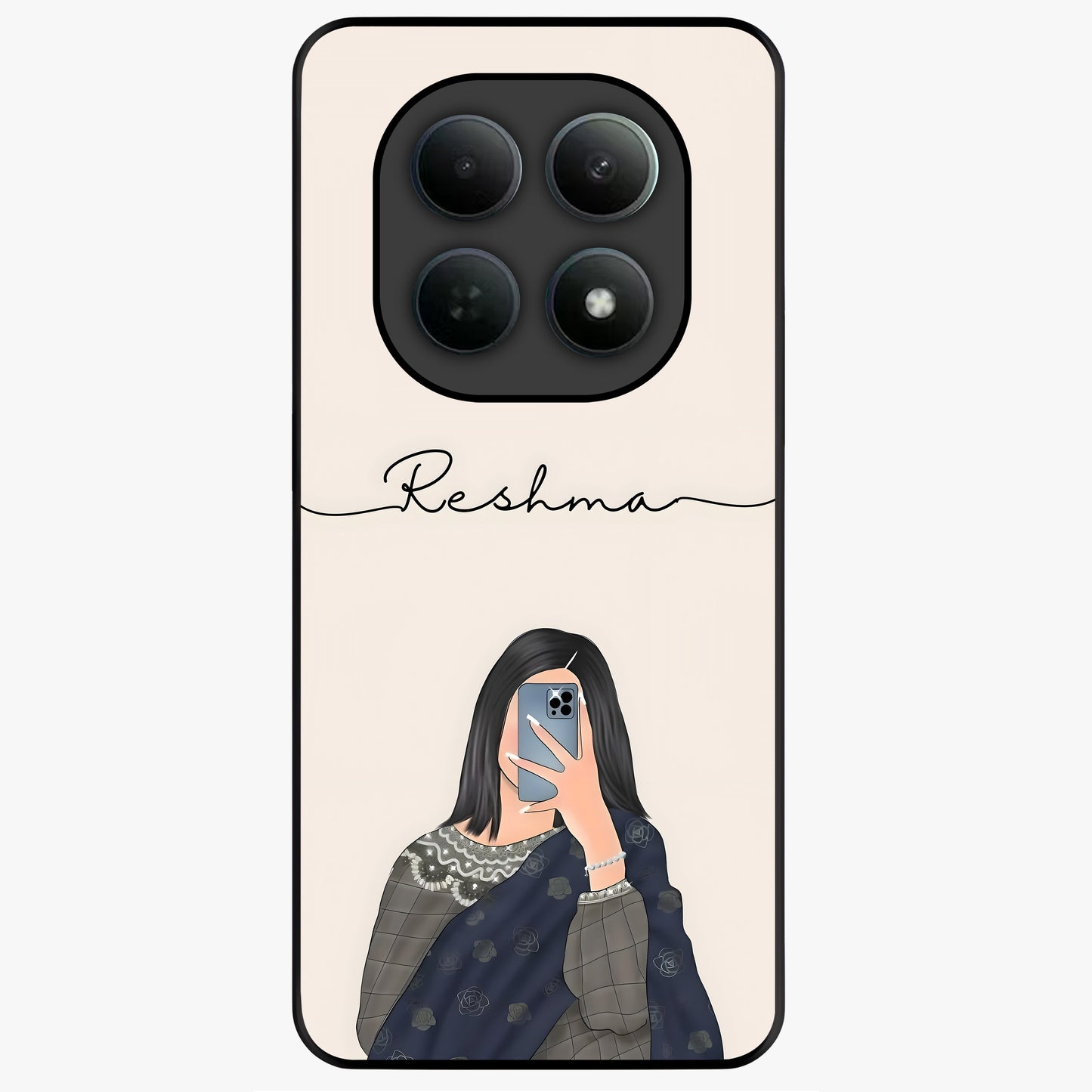Mirror Mood Muse With Custom Name Glass Case showing flat back view with stylish mirrored artwork and personalized name design.