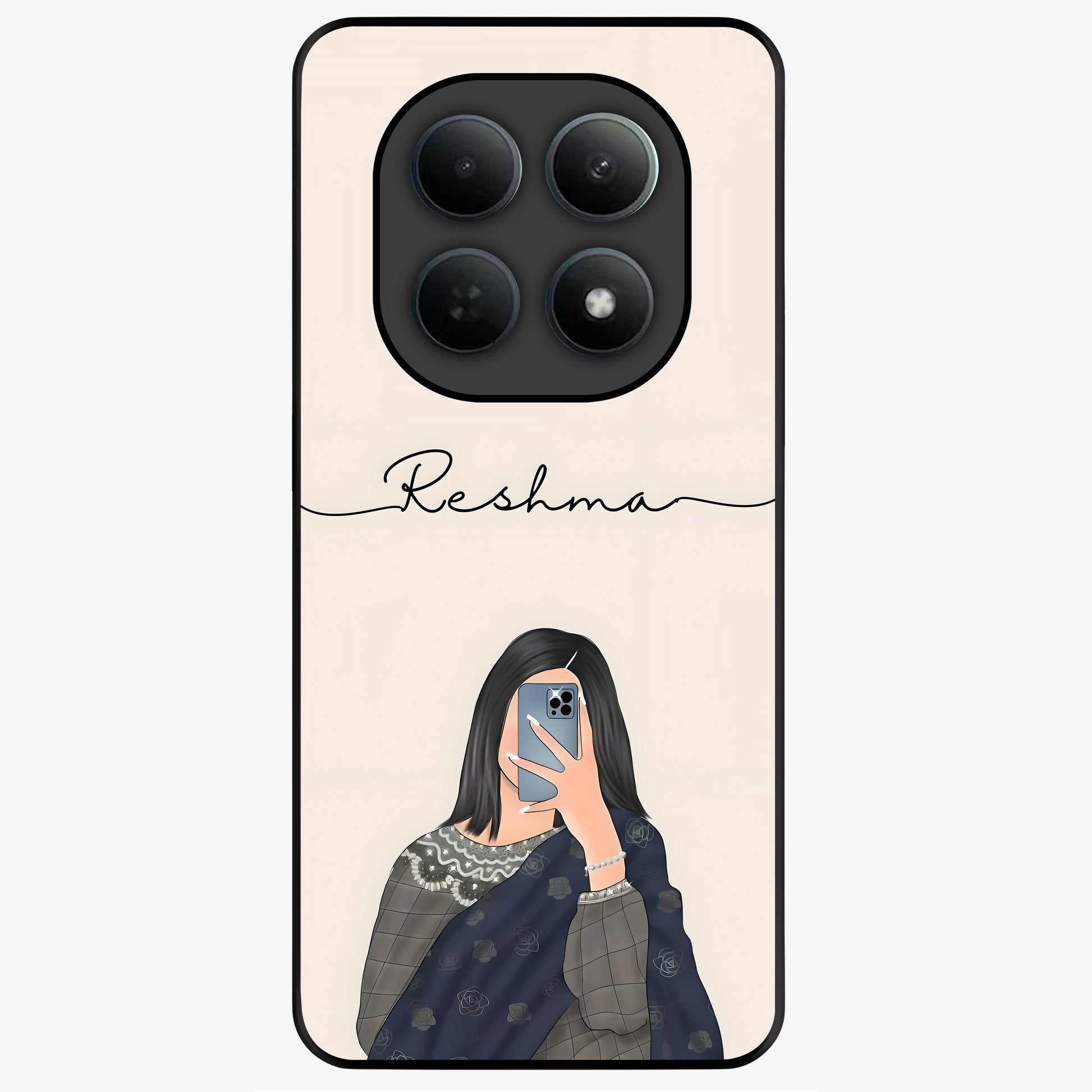 Mirror Mood Muse With Custom Name Glass Case showing flat back view with stylish mirrored artwork and personalized name design.
