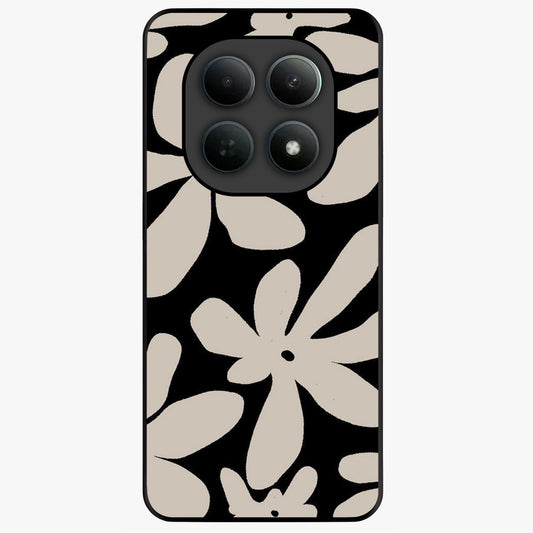 Monochrome Petal Dance Glass Case showing flat back view with monochrome floral artwork and glossy glass finish.