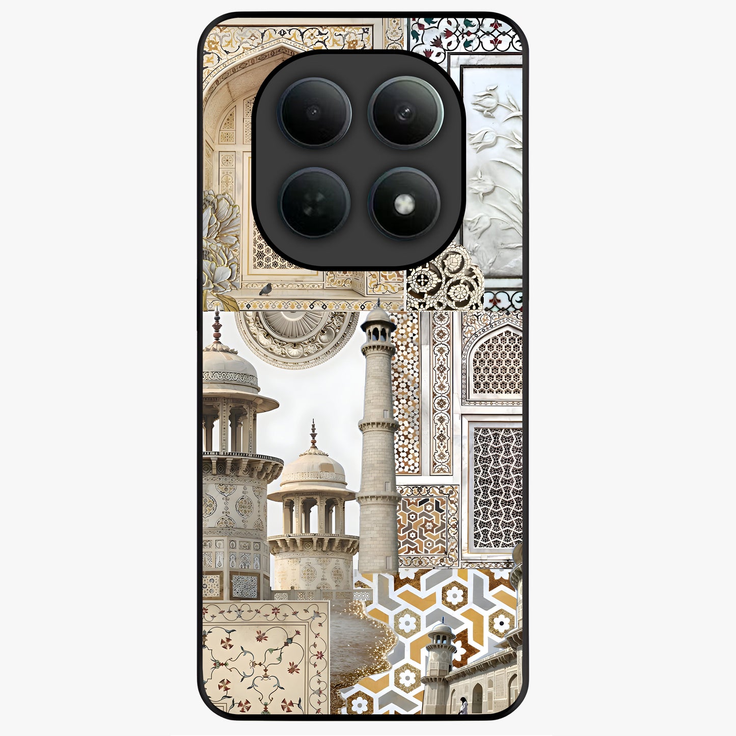Mughal Marble Legacy Glass Case showing flat back view with intricate Mughal inspired marble pattern and glossy glass finish.
