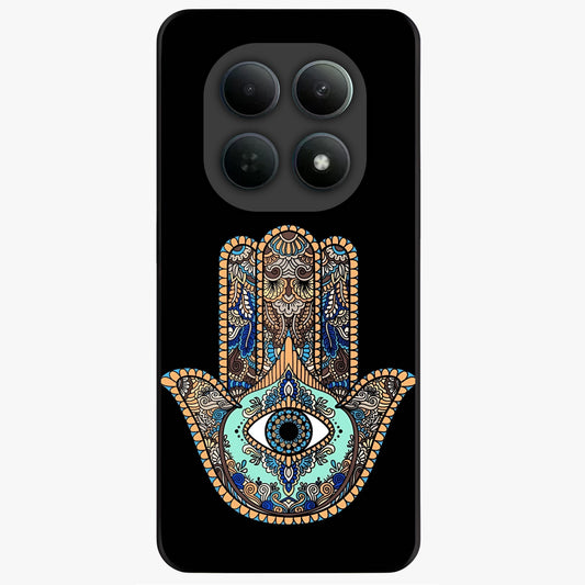 Mystic Hamsa Eye Glass Case showing flat back view with protective hamsa hand and evil eye artwork and glossy glass finish.