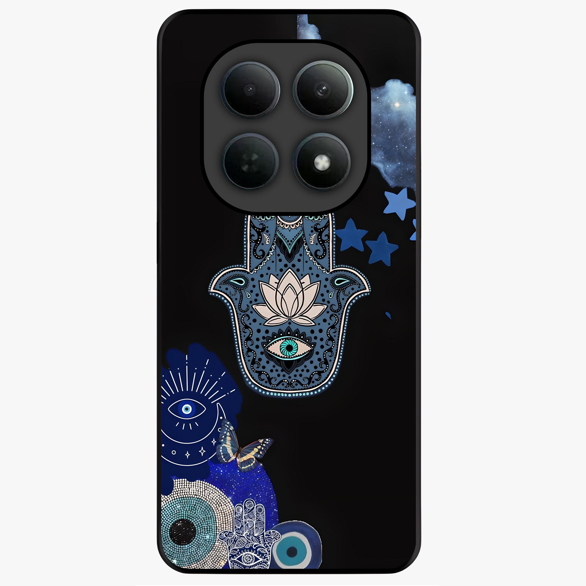 Mystic Hand Aura Glass Case showing flat back view with mystical hand symbol artwork and glossy glass finish.