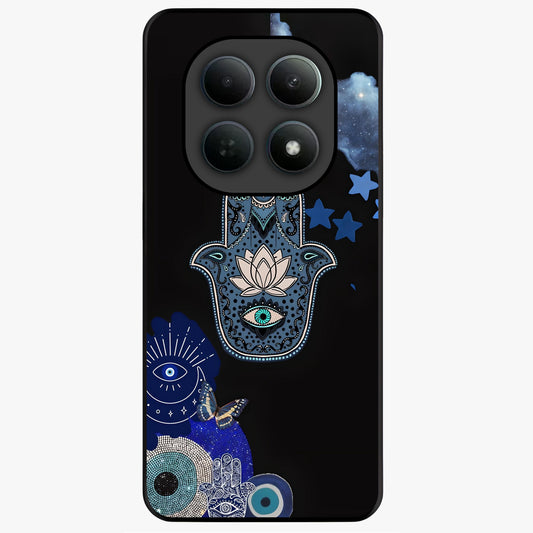 Mystic Hand Aura Glass Case showing flat back view with mystical hand symbol artwork and glossy glass finish.