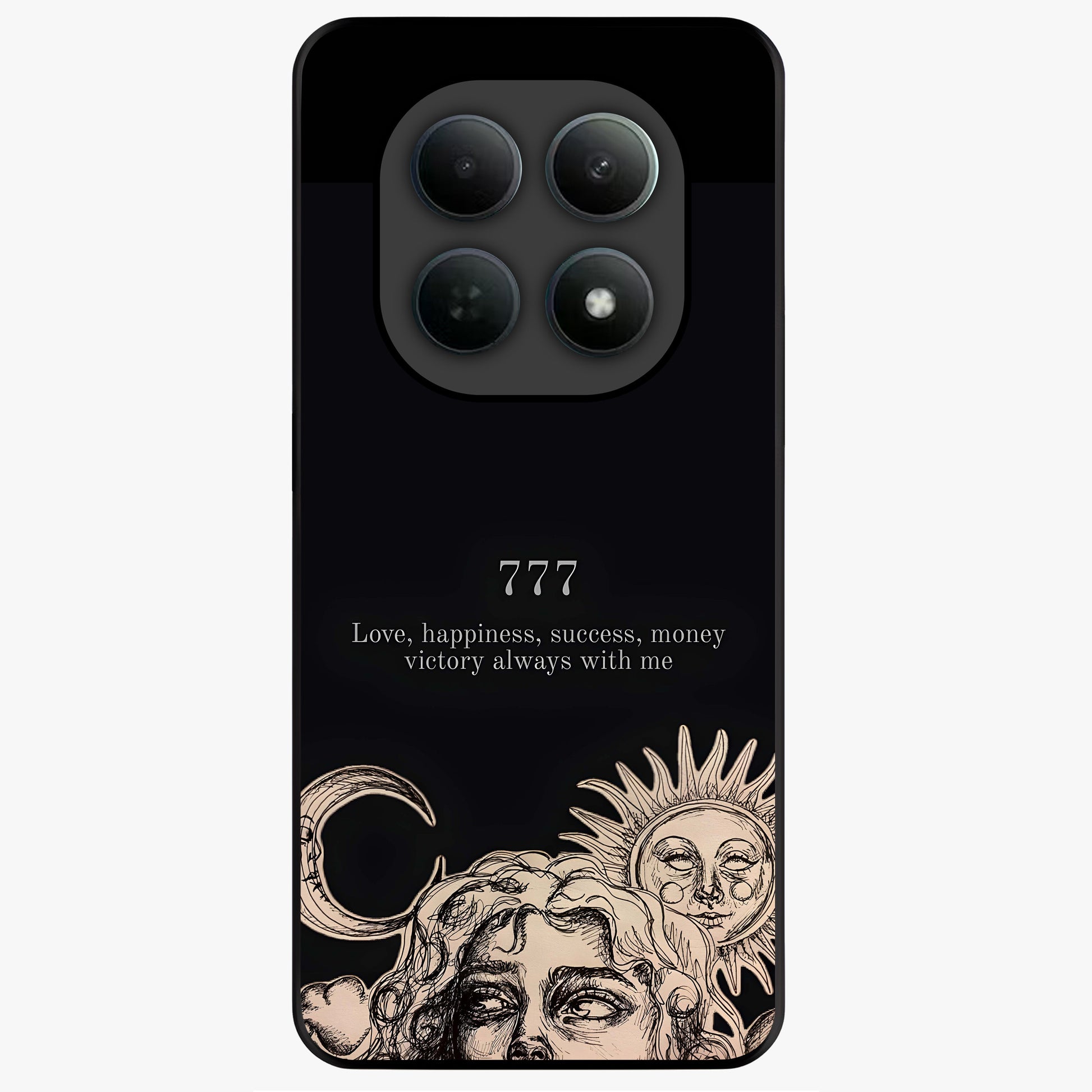 Mystic Victory Aura Glass Case showing flat back view with victory symbol artwork and glossy glass finish.