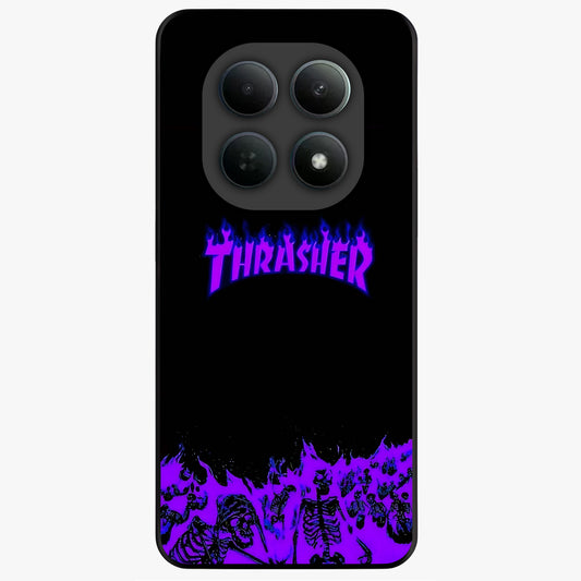 Neon Flame Riot Glass Case showing flat back view with neon flame artwork and glossy glass finish.