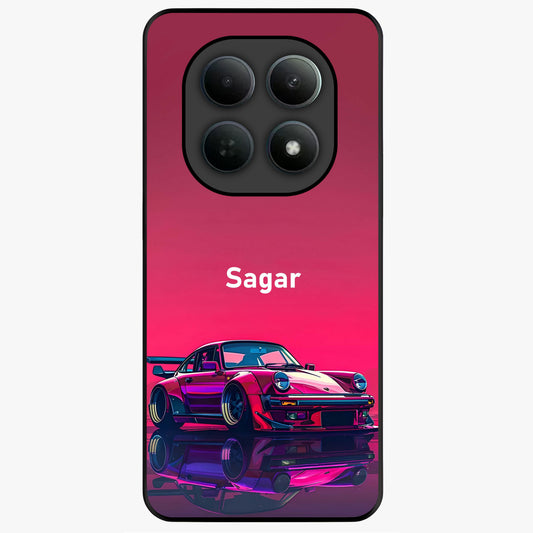 Neon Pink Porsche Glass Case showing flat back view with stylish sports car artwork and glossy glass finish.