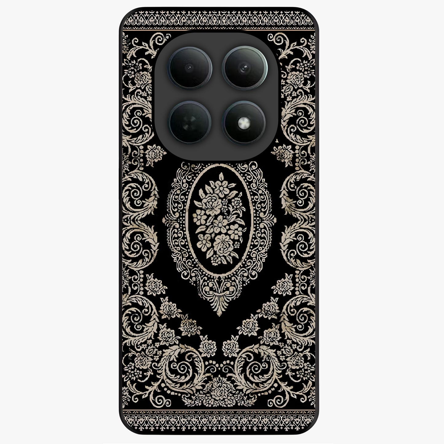 Noir Bloom Elegance Glass Case showing flat back view with elegant dark floral artwork and glossy glass finish.