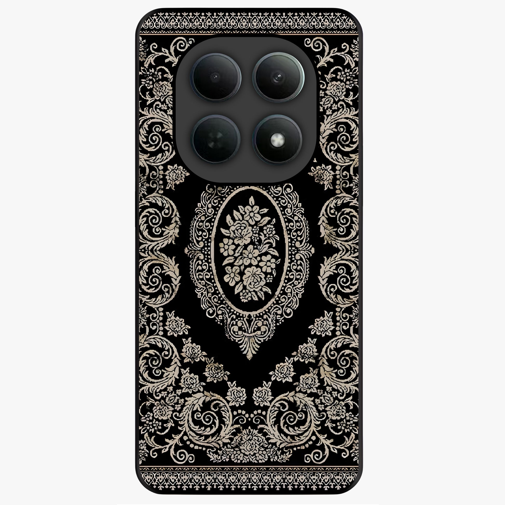 Noir Bloom Elegance Glass Case showing flat back view with elegant dark floral artwork and glossy glass finish.