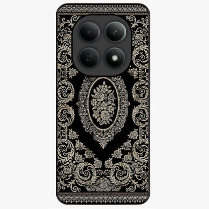 Noir Bloom Elegance Glass Case showing flat back view with elegant dark floral artwork and glossy glass finish.