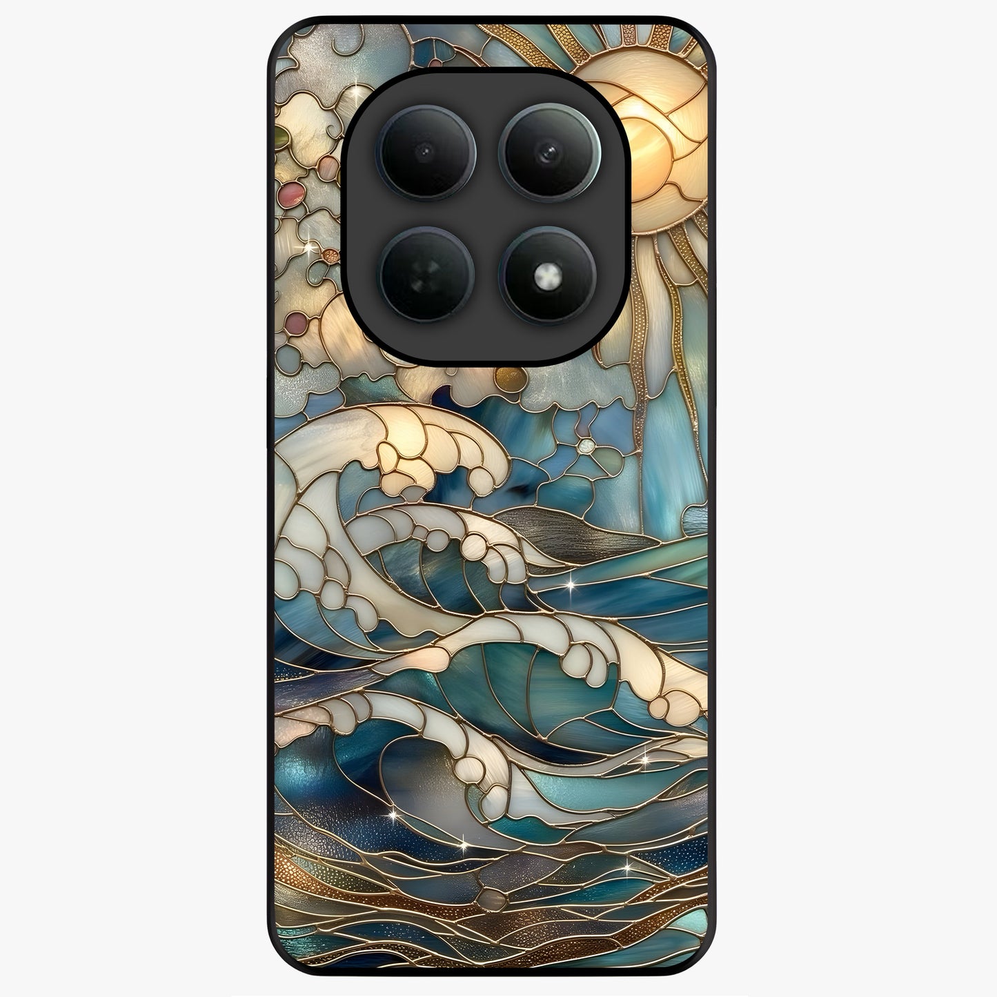 Oceanic Stained Printed Glass Case showing flat back view with ocean inspired stained pattern artwork and glossy glass finish.