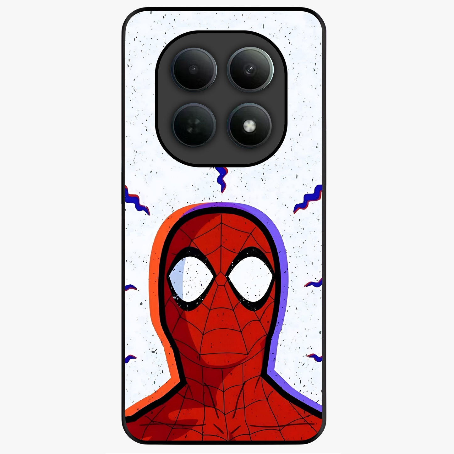 Omg Spiderman Glass Case showing flat back view with bold superhero inspired artwork and glossy glass finish.